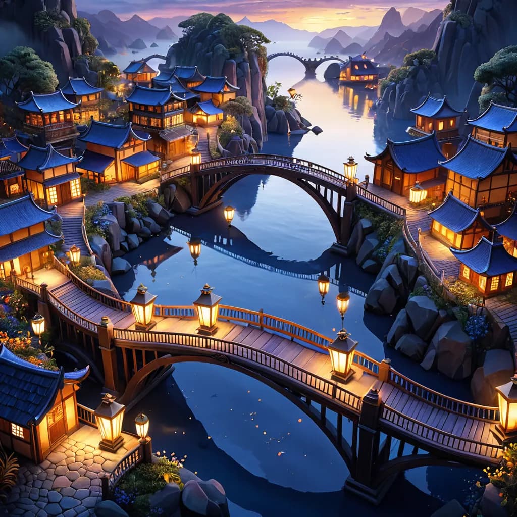 Connected village islands with graceful bridges and warm lanterns, representing cross-game interoperability