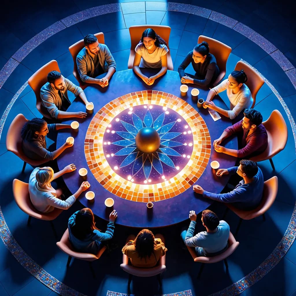 A diverse community gathered around a luminous round table building a collaborative mosaic together