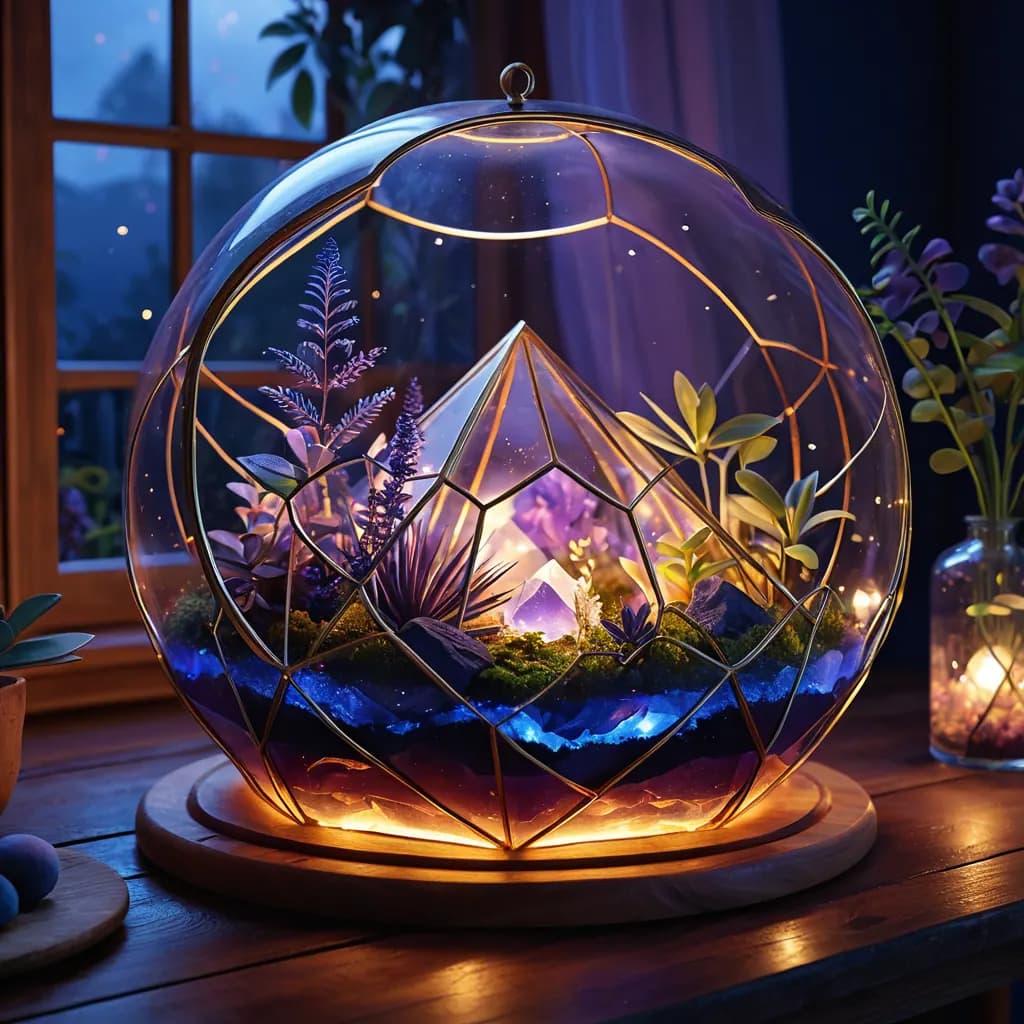 A crystal terrarium containing a precious miniature glowing world, representing digital ownership and sovereignty