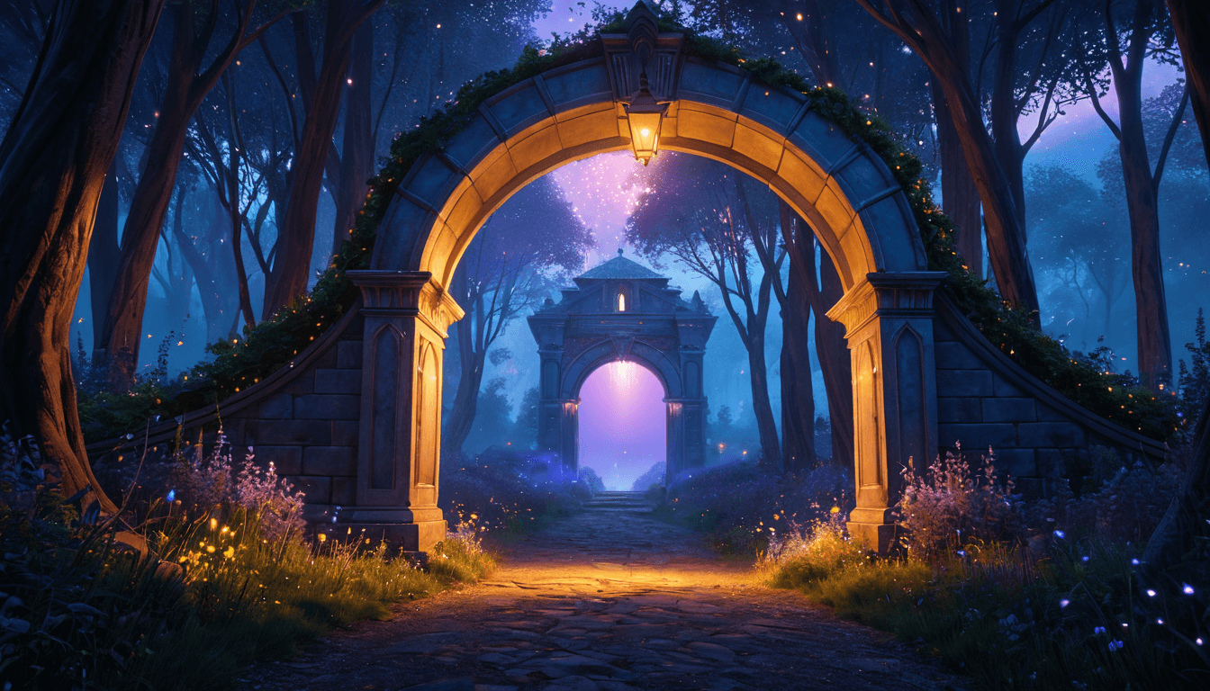 A majestic luminous doorway at the end of a forest path, leading to a vibrant community of builders