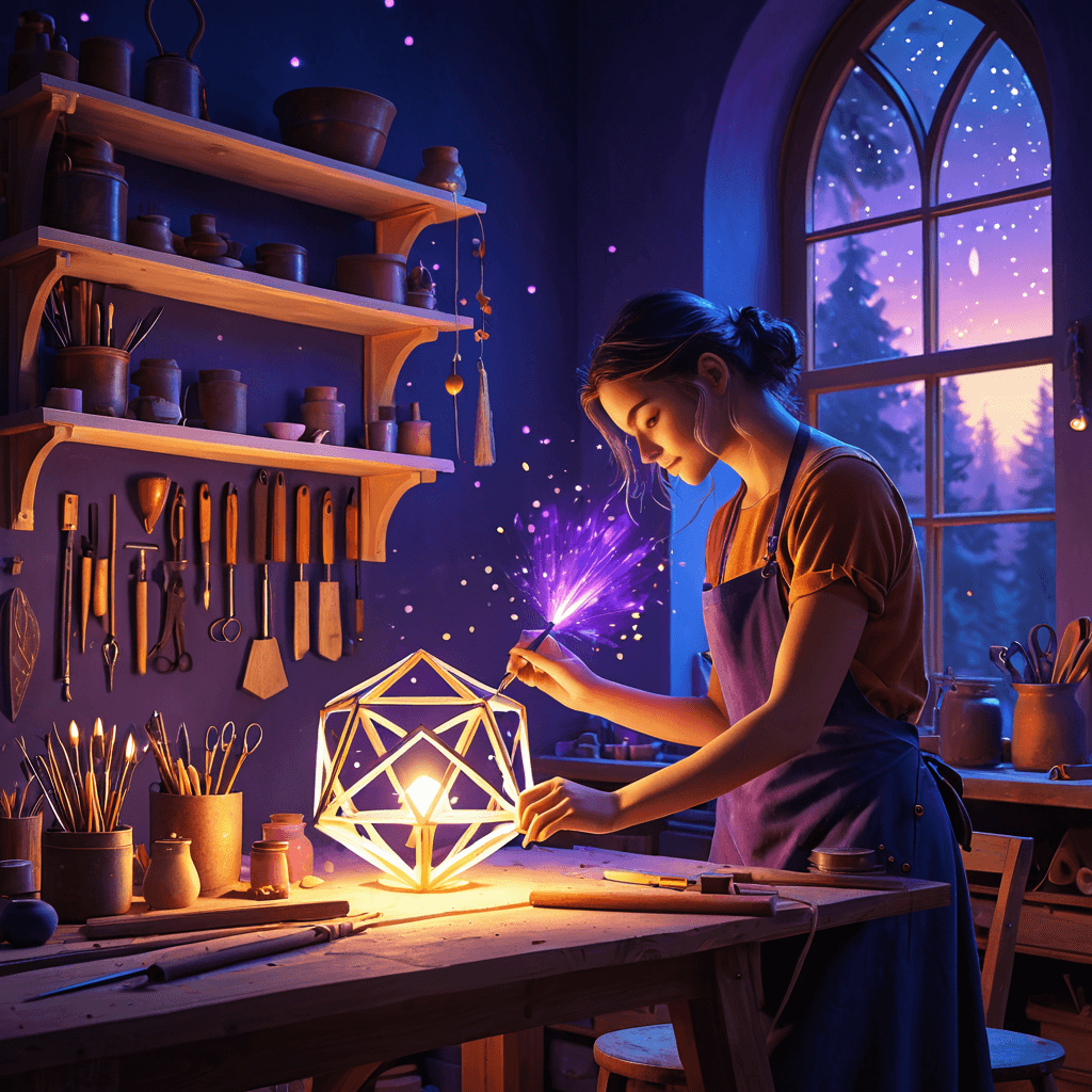 An artisan carefully crafting a luminous geometric sculpture in a cozy workshop, representing creative value