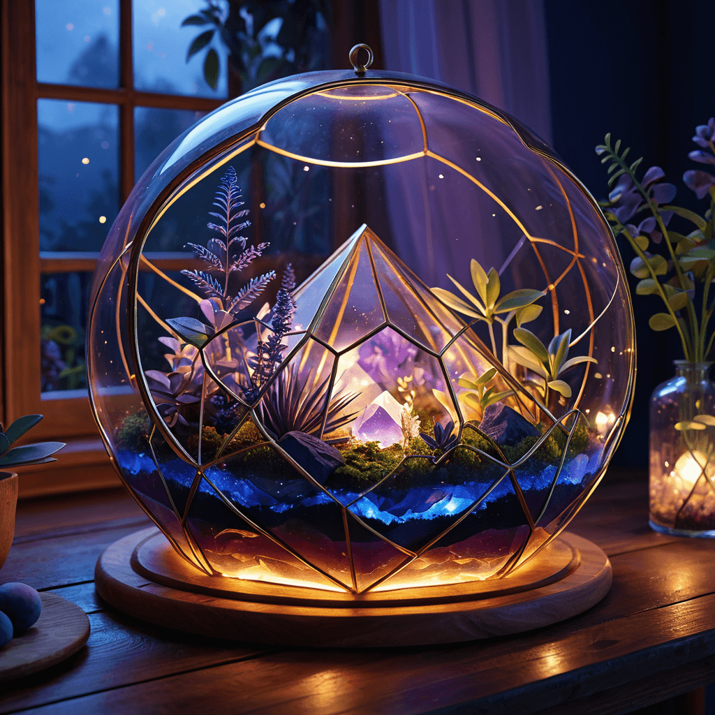 A crystal terrarium containing a precious miniature glowing world, representing digital ownership and sovereignty