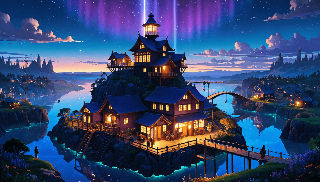 A luminous floating island workshop at twilight where builders collaborate on glowing architectural structures